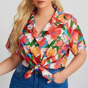 Plus Floral Print Button Up